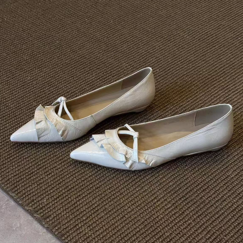 Dress Shoe Pointed - Elegant Leather Ruffles Low-heeled Mary Jane